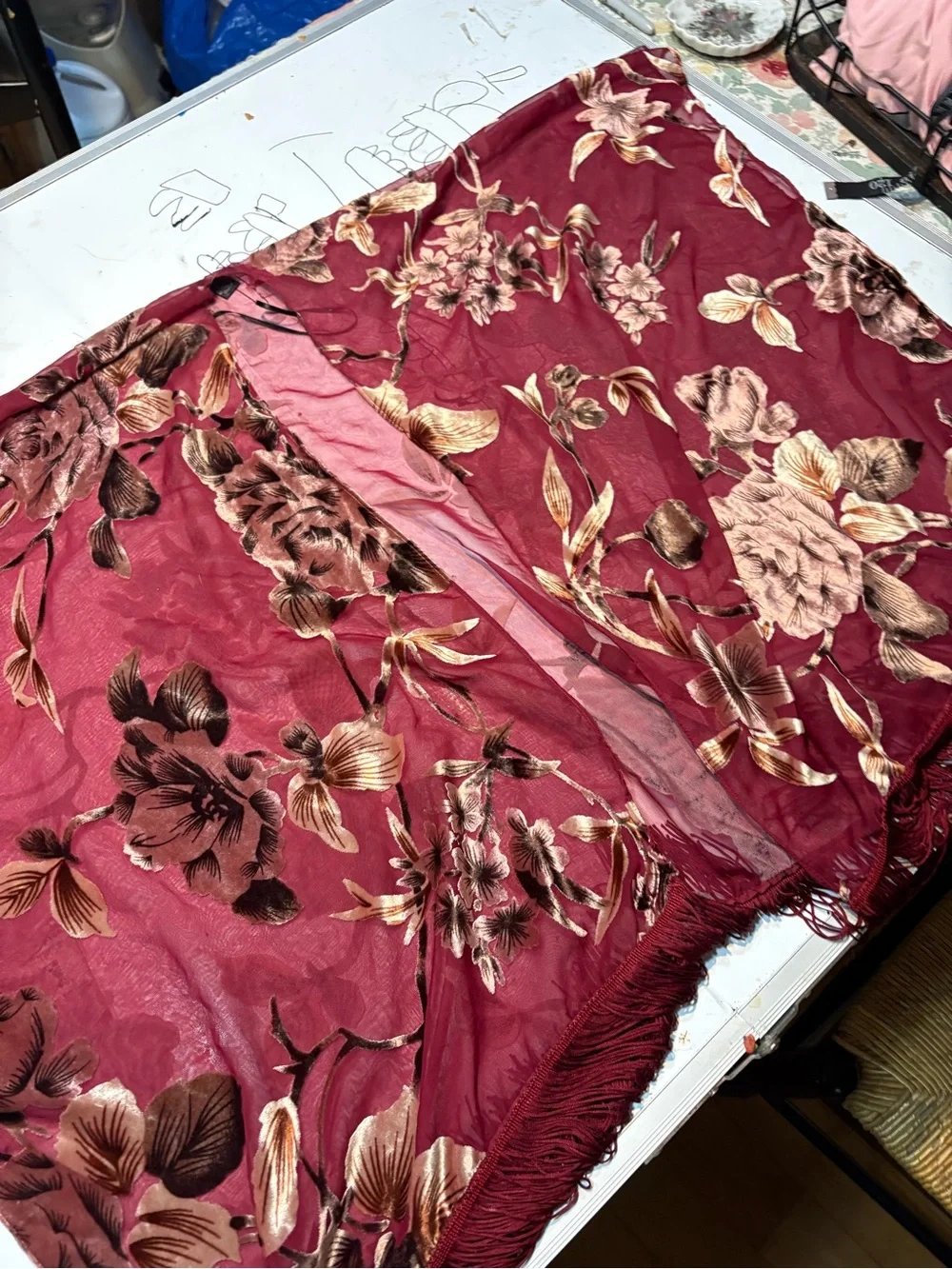 Roffe Burgundy Floral Chiffon Velvet Burnout Fringe Kimono os